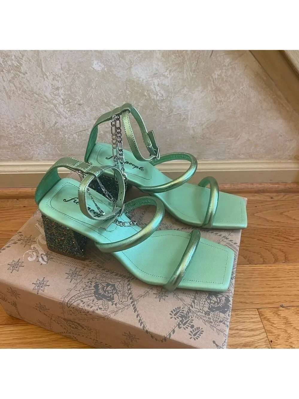Free People Parker Silver Chain Heels Green Lime Metallic Sz 39